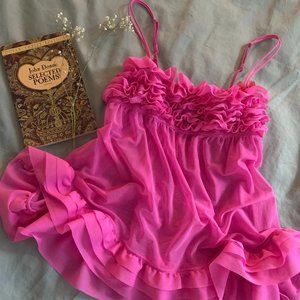 Vintage Hot Pink Ruffle Teddy Lingerie Pink Ruffles Top Sheer Babydoll